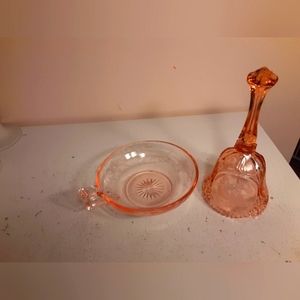 Two pieces of pink glass, Bell and a Bowl